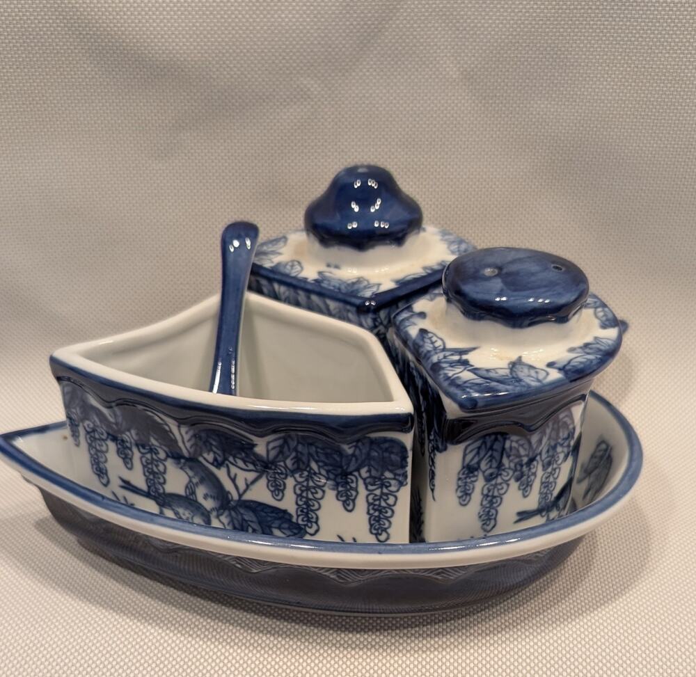 Bombay Blue & White Birds China Leaf Tray Salt & Pepper Shakers Sugar Bowl Spoon